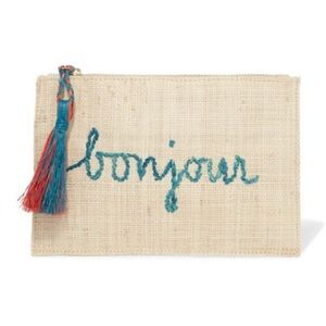 KAYU WOVEN STRAW POUCH CLUTCH BONJOUR AU REVOIR NEW WITH TAGS 🇫🇷🇫🇷🇫🇷🇫🇷